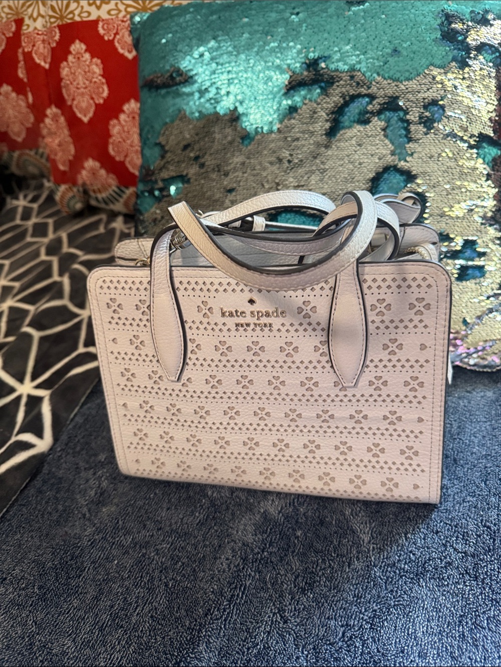 kate spade Perforated Leather Satchel in Light Gray
